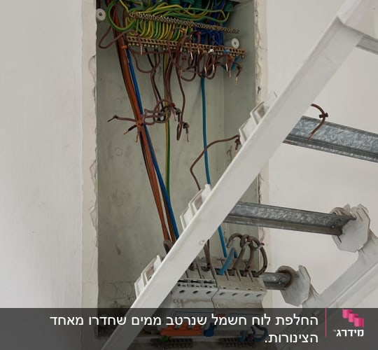 לוח חשמל פתוח עם חוטים וצינורות חשמל